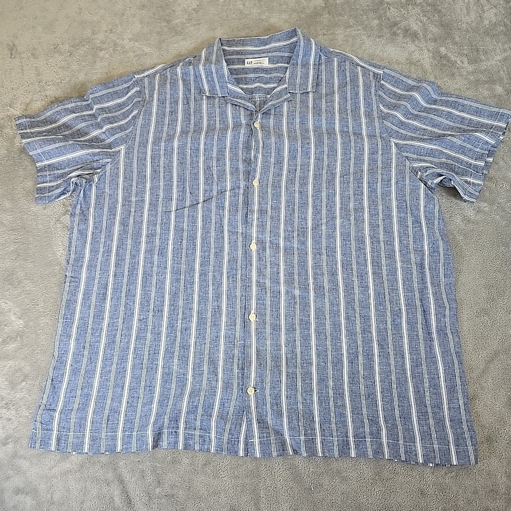 Gap Shirt‎ Mens XXL Blue Striped Short Sleeve Button-Up Linen Collared Casual